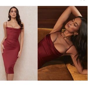 HOUSE OF CB 'Anja' Wine red burgundy Satin Corset Midi Dress/Size S NWOT